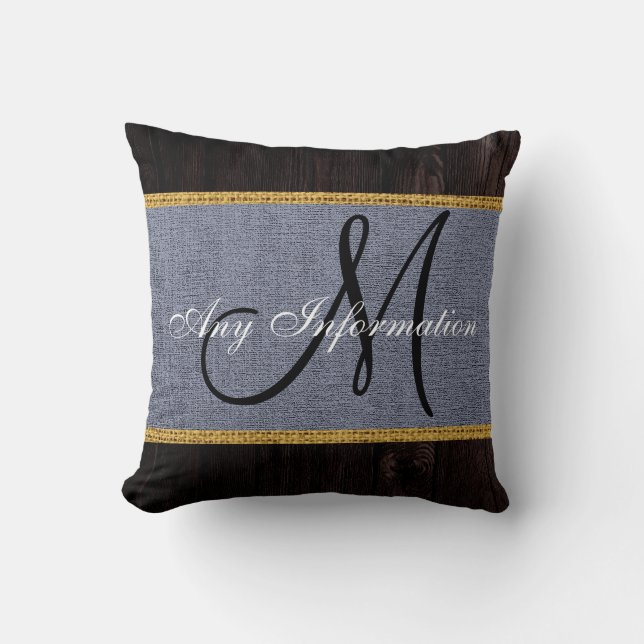 Hout Kijk grijs Burlap Rustisch Monogram Kussen (Voorkant)