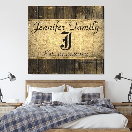 Hout Kijk Rustic Burlap Monogram Canvas Afdruk (Insitu (Slaapkamer))