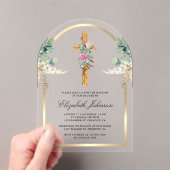 Hout Kruis Gouden Boog Pampas Eucalyptus Doop Acryl Uitnodigingen (Insitu (Draagbaar))