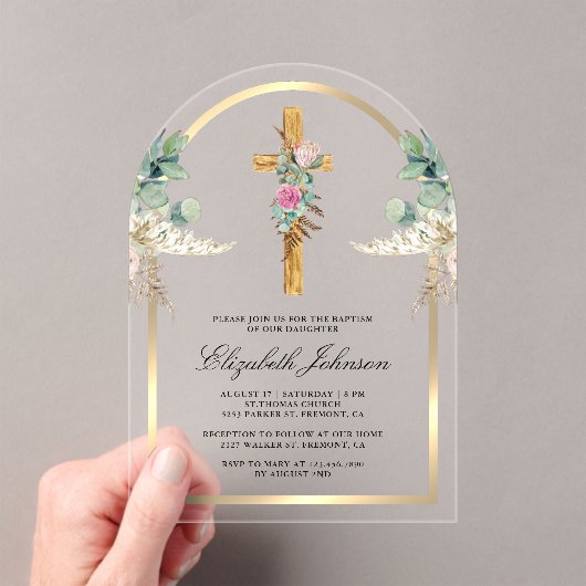 Hout Kruis Gouden Boog Pampas Eucalyptus Doop Acryl Uitnodigingen (Insitu (Draagbaar))