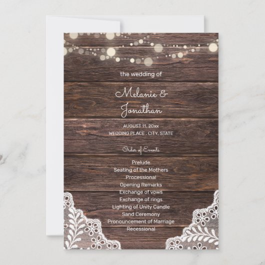 Hout-, Lace String Lights Wedding Ceremony-program Kaart (Voorkant)