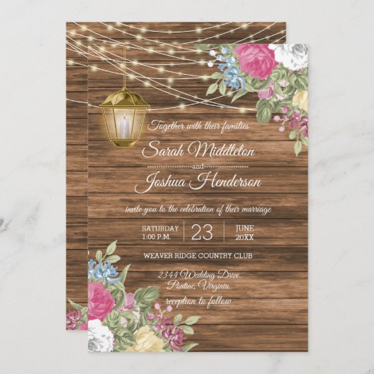 Hout, lantaarn en mooie lente bloem bruiloft kaart (Voorkant / Achterkant)