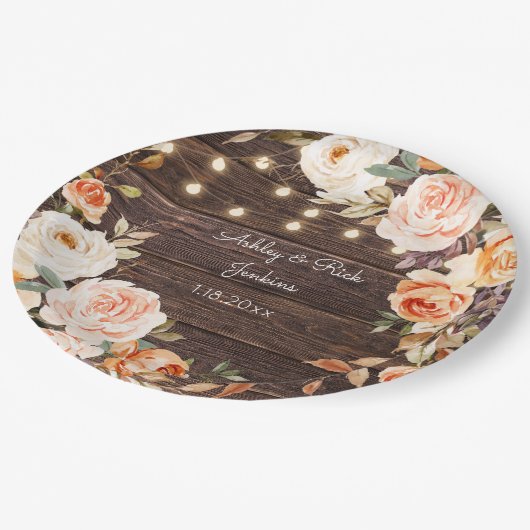 Hout, Lichten, Blush Roze & Perzik Bloemen Bruilof Papieren Bordje (Gekanteld)