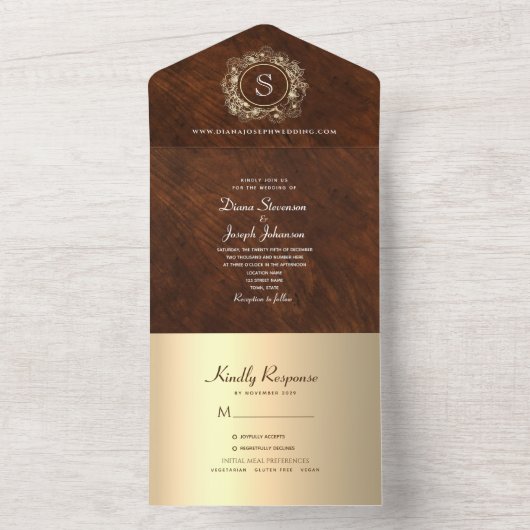  Hout Monogram Huwelijk All In One Uitnodiging (Binnen)