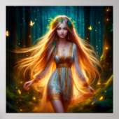 Hout nimf fee meisje goud helder bos bloemen poster (Voorkant)