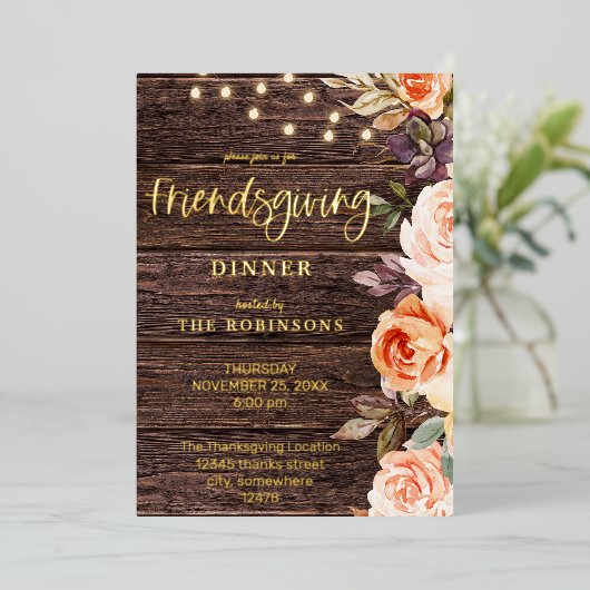 Hout Roze en PerzikFloral met licht Folie Uitnodiging (Staand Voorkant)