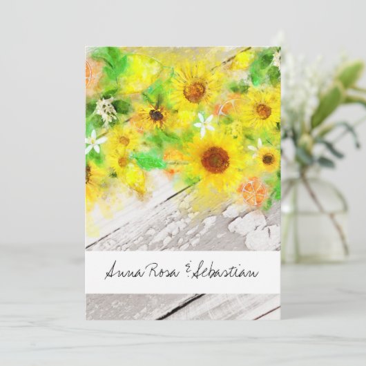 *~* Hout Rustic Sunflower Country Weddenschap Kaart (Staand voorkant)