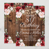 Hout Rustieke Bourgondische Bloemen Verrassing 80e Kaart (Voorkant / Achterkant)