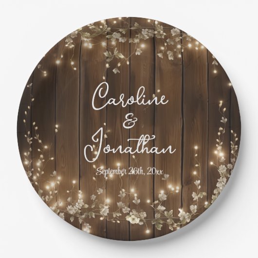 Hout Rustieke String Lichten Witte Bloemen Huwelij Papieren Bordje (Voorkant)