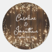 Hout Rustieke String Lichten Witte Bloemen Huwelij Ronde Sticker (Voorkant)