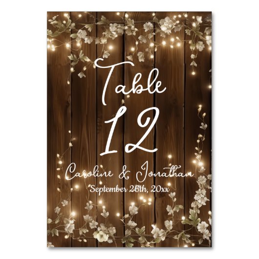 Hout Rustieke String Lights Witte Bloemen Tafel No Kaart (Achterkant)