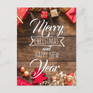 Hout Rustisch Red Gold White Typografie Kerstmis Briefkaart