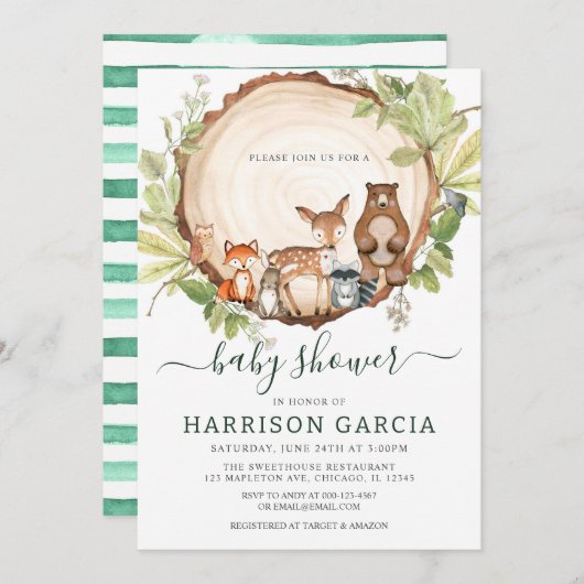 Hout Slice Tree Woodland Animals Baby shower Kaart (Voorkant / Achterkant)