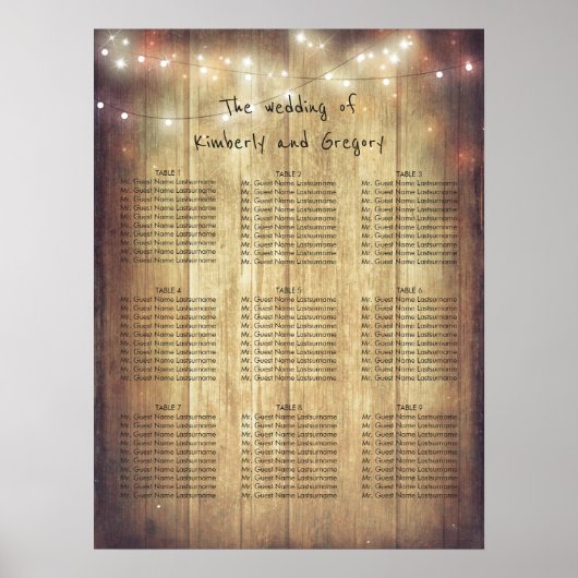 Hout String Lights Rustic Wedding Seating Chart Poster (Voorkant)