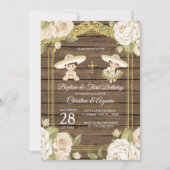 Hout White Roses Twin Baptism & Third Birthday Kaart (Voorkant)