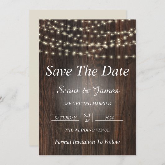 Houten Achtergrond met Elegante Lichten Save The Date (Voorkant / Achterkant)