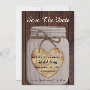 Houten Achtergrond met Hart Mason Jar Save The Date