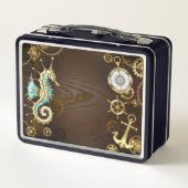 Houten achtergrond met mechanisch zeepaard (Achterkant)