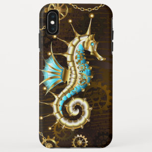 Houten achtergrond met mechanisch zeepaard iPhone XS max hoesje