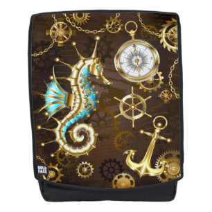 Houten achtergrond met mechanisch zeepaard rugtassen