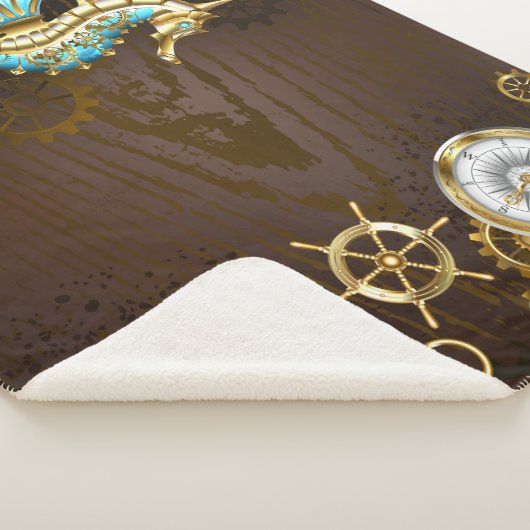 Houten achtergrond met mechanisch zeepaard sherpa deken (3/4)