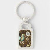 Houten achtergrond met mechanisch zeepaard sleutelhanger (Voorkant)