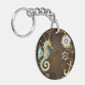 Houten achtergrond met mechanisch zeepaard sleutelhanger (Voorkant Links)