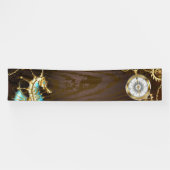 Houten achtergrond met mechanisch zeepaard spandoek (Horizontaal)