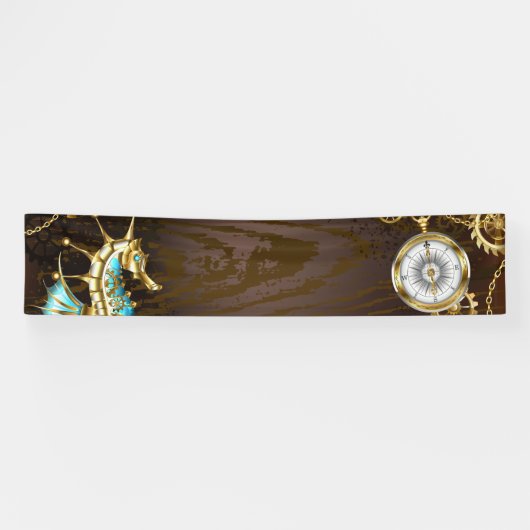 Houten achtergrond met mechanisch zeepaard spandoek (Horizontaal)