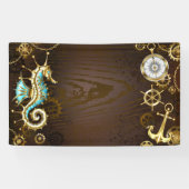 Houten achtergrond met mechanisch zeepaard spandoek (Horizontaal)