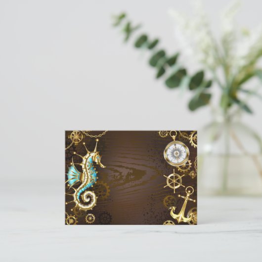 Houten achtergrond met mechanisch zeepaard visitekaartje (Staand voorkant)