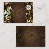 Houten achtergrond met mechanisch zeepaard visitekaartje (Voorkant / Achterkant)