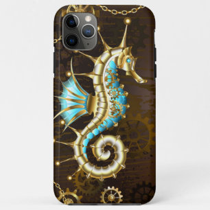 Houten achtergrond met mechanisch zeepaardje iPhone 11 pro max hoesje