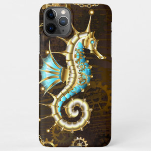 Houten achtergrond met mechanisch zeepaardje iPhone 11Pro max hoesje