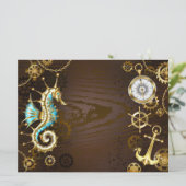 Houten achtergrond met mechanisch zeepaardje kaart (Staand voorkant)