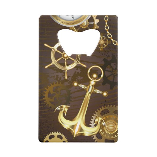 Houten achtergrond met mechanisch zeepaardje kredietkaart flessenopener (Achterkant)