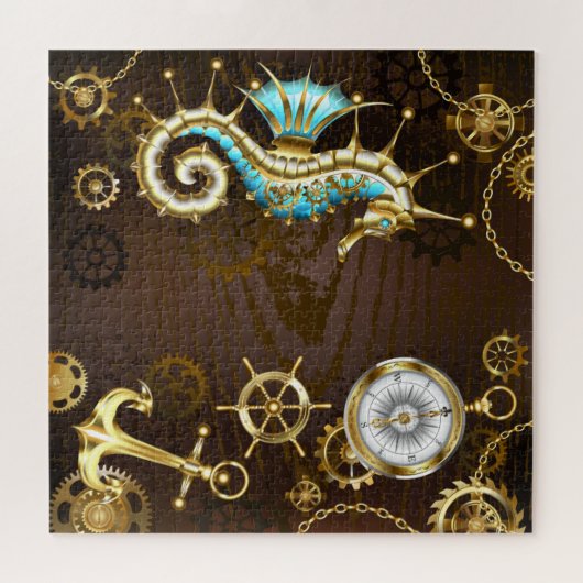 Houten achtergrond met mechanisch zeepaardje legpuzzel (Horizontaal)