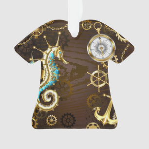 Houten achtergrond met mechanisch zeepaardje ornament