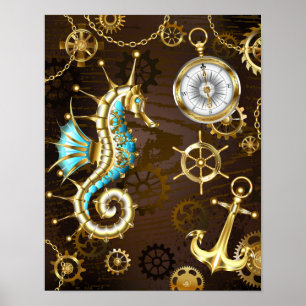 Houten achtergrond met mechanisch zeepaardje poster