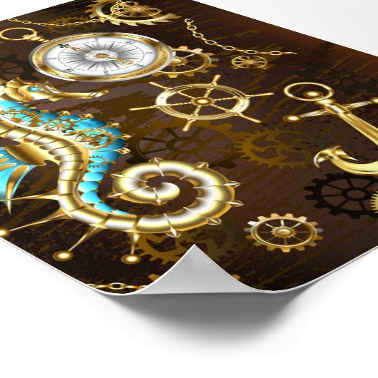 Houten achtergrond met mechanisch zeepaardje poster (Hoek)