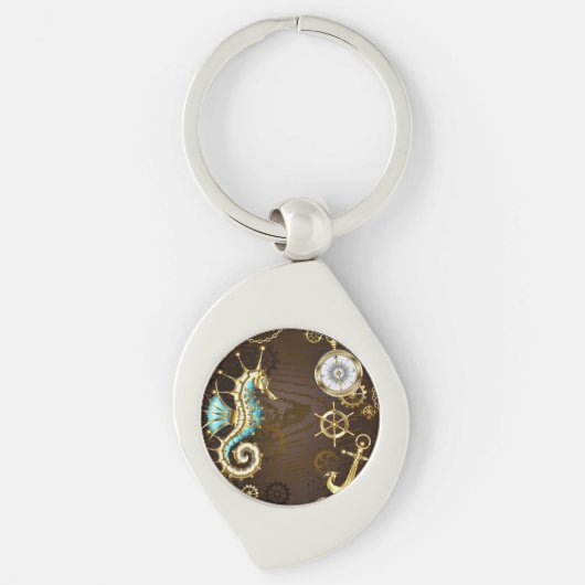 Houten achtergrond met mechanisch zeepaardje sleutelhanger (Voorkant)