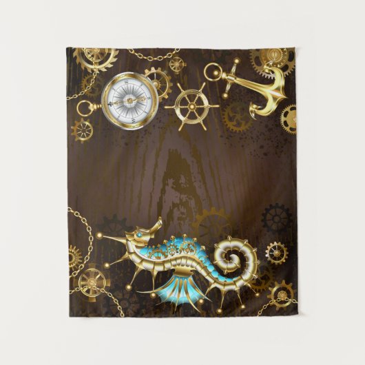 Houten achtergrond met mechanisch zeepaardje wandkleed (Voorkant)