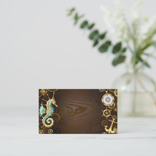 Houten achtergrond met mechanische zeepaard contactkaartje (Staand voorkant)