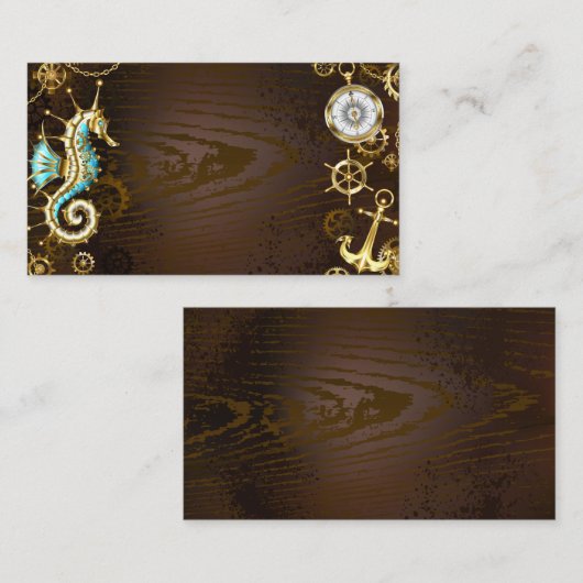 Houten achtergrond met mechanische zeepaard contactkaartje (Voorkant / Achterkant)