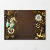 Houten achtergrond met mechanische zeepaard drieluik aankondiging (Cover)