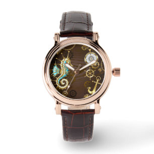 Houten achtergrond met mechanische zeepaard horloge