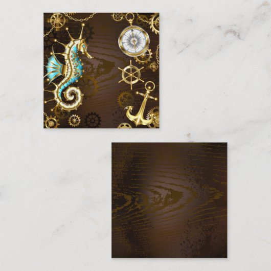 Houten achtergrond met mechanische zeepaard informatiekaartje (Voorkant / Achterkant)