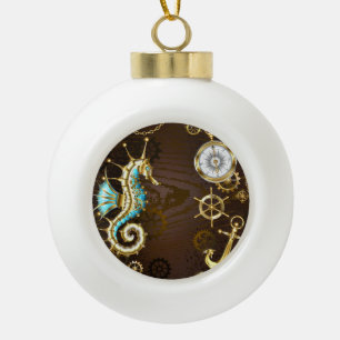 Houten achtergrond met mechanische zeepaard keramische bal ornament