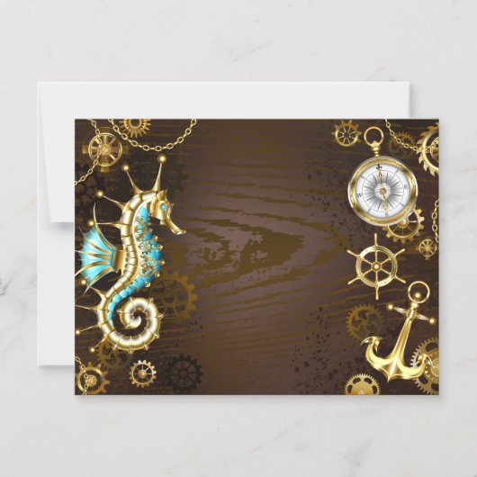 Houten Achtergrond met Mechanische Zeepaard Magnetische Uitnodiging (Voorkant)