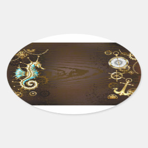 Houten achtergrond met mechanische zeepaard ovale sticker